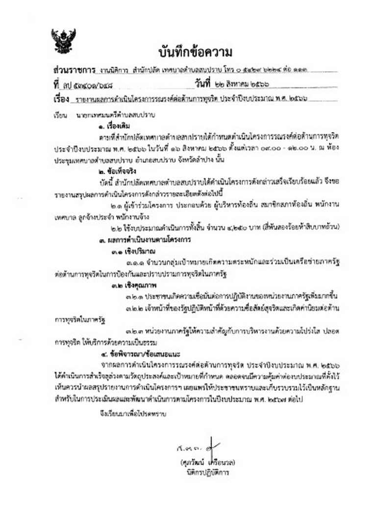 รายงานผลการดำเนินโครงการรณรงค์ต่อต้านการทจริต.ประจำปีงบประมาณ พ.ศ. ๒๕๖๖ ... Image 1